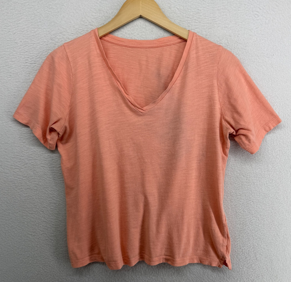 EILEEN FISHER Top S Slub Organic Cotton Jersey V-Neck Short Sleeve Basic Orange